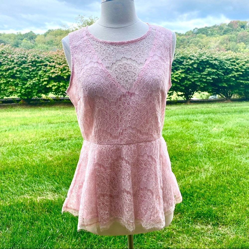 New York & Company Pink Lace Sleeveless Peplum Top - Picture 2 of 15